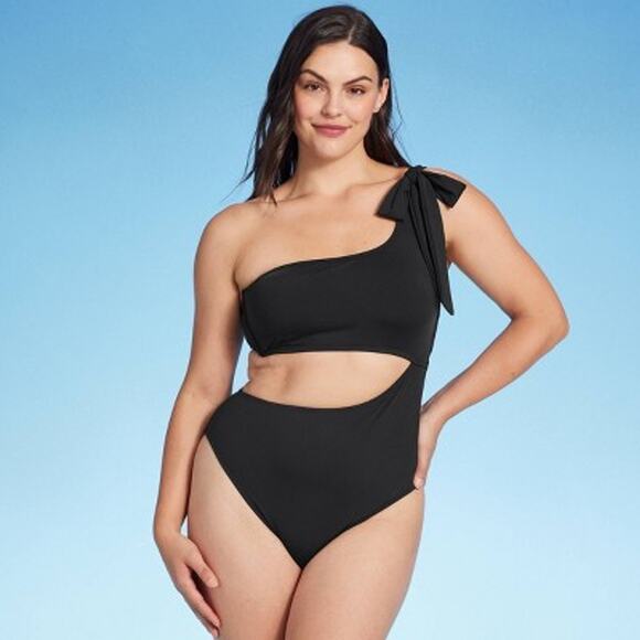 Shade & Shore Women's One Shoulder Bow Cut Out One Piece Swimsuit - Black Large - Picture 1 of 10